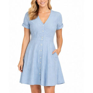 Gap Chambray Button Front Dress Women’s 14 Blue Fit Flare Short Sleeve